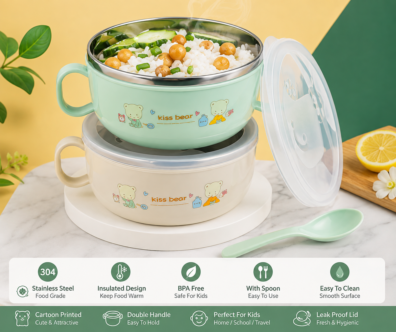 Baby Feeding Bowl with Lids Stainless Steel Insulated Bowl Spoon Set Children Tableware Cartoon Printed Easy To Clean Children Food Bowl